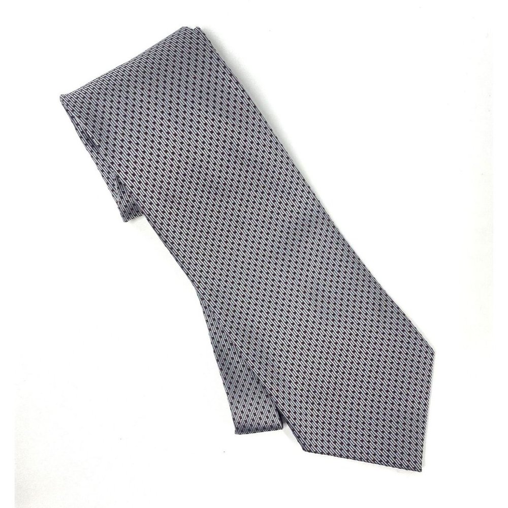 Perry Ellis Mens Vintage Designer Silk Handmade Classic Tie Grey Burgundy